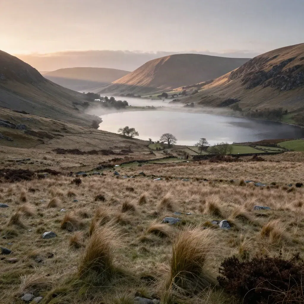 Lake District ridgelines above a misty tarn with calm open foreground at dawn