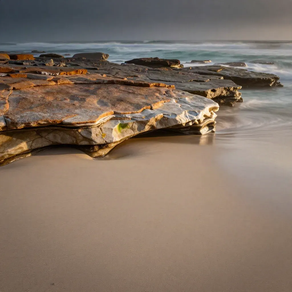 Sunlit Australian sandstone shelf and calm coastal rock with surf high in frame