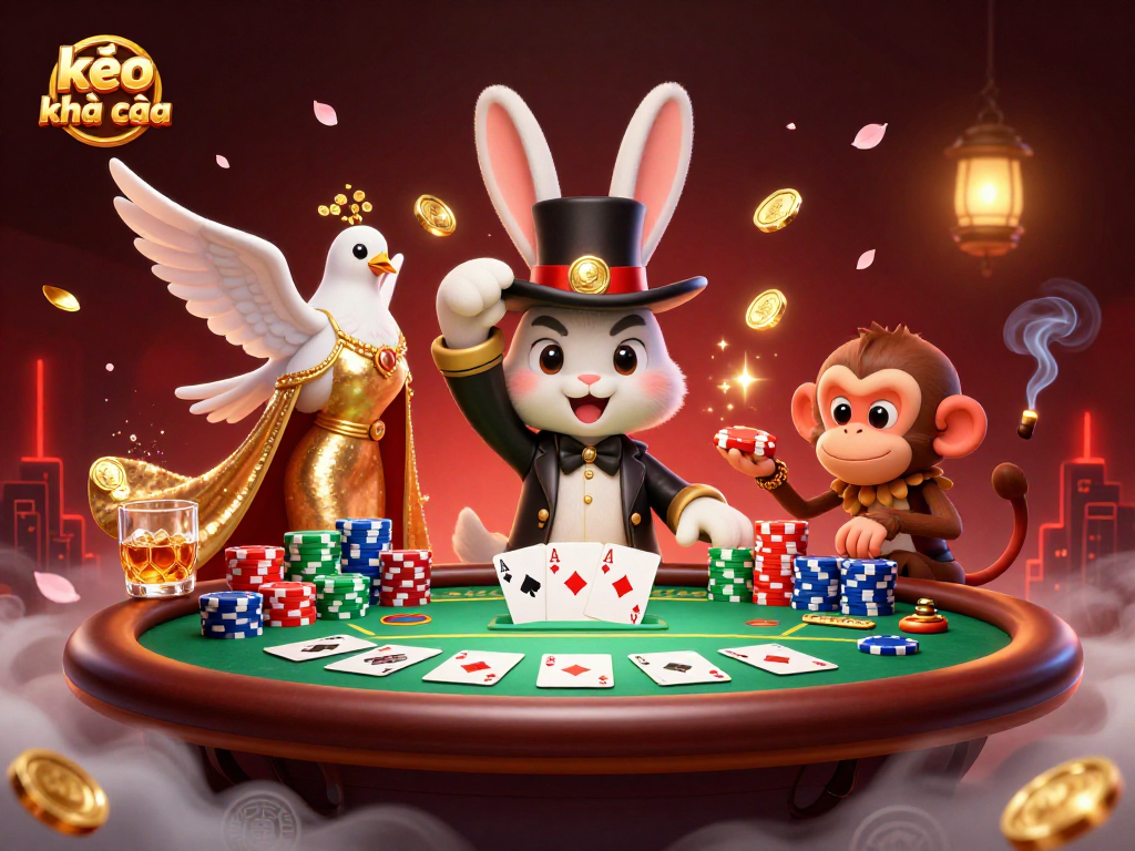 Engage with kèo nhà cái magic as a magician rabbit conjures coins, surrounded by poker excitement.