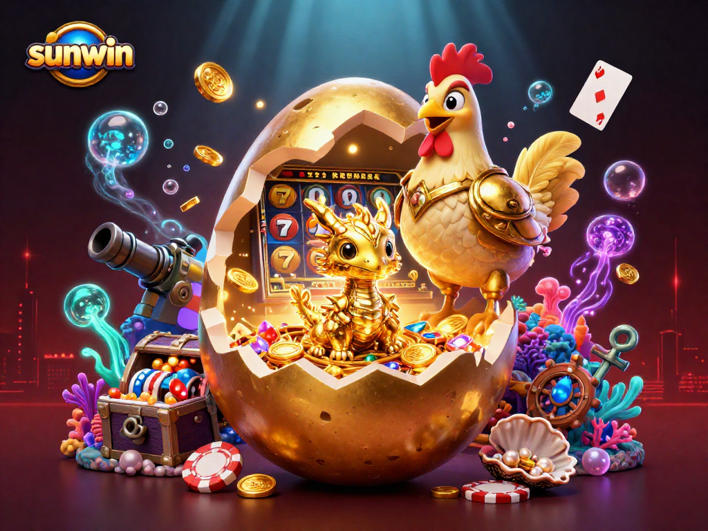 Sunwin's captivating 3D illustration showcasing a golden dragon and poker chips amidst casino excitement.