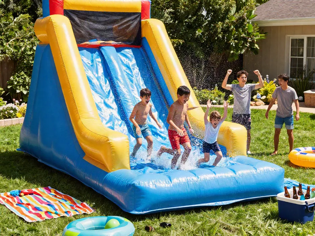 Kids enjoying water slides water in a sunny backyard setting with colorful toys and laughter.