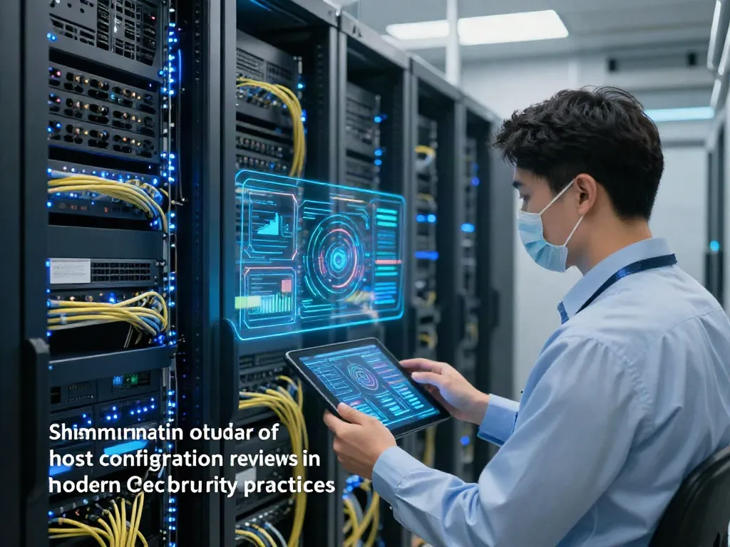 "Host configuration review in a futuristic data center with illuminated servers and cybersecurity monitoring."