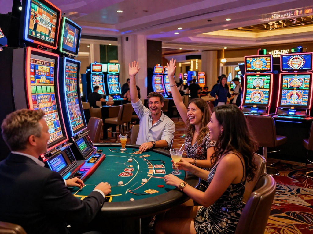 Friends celebrating a win at a vibrant rokok 88 casino slot machine