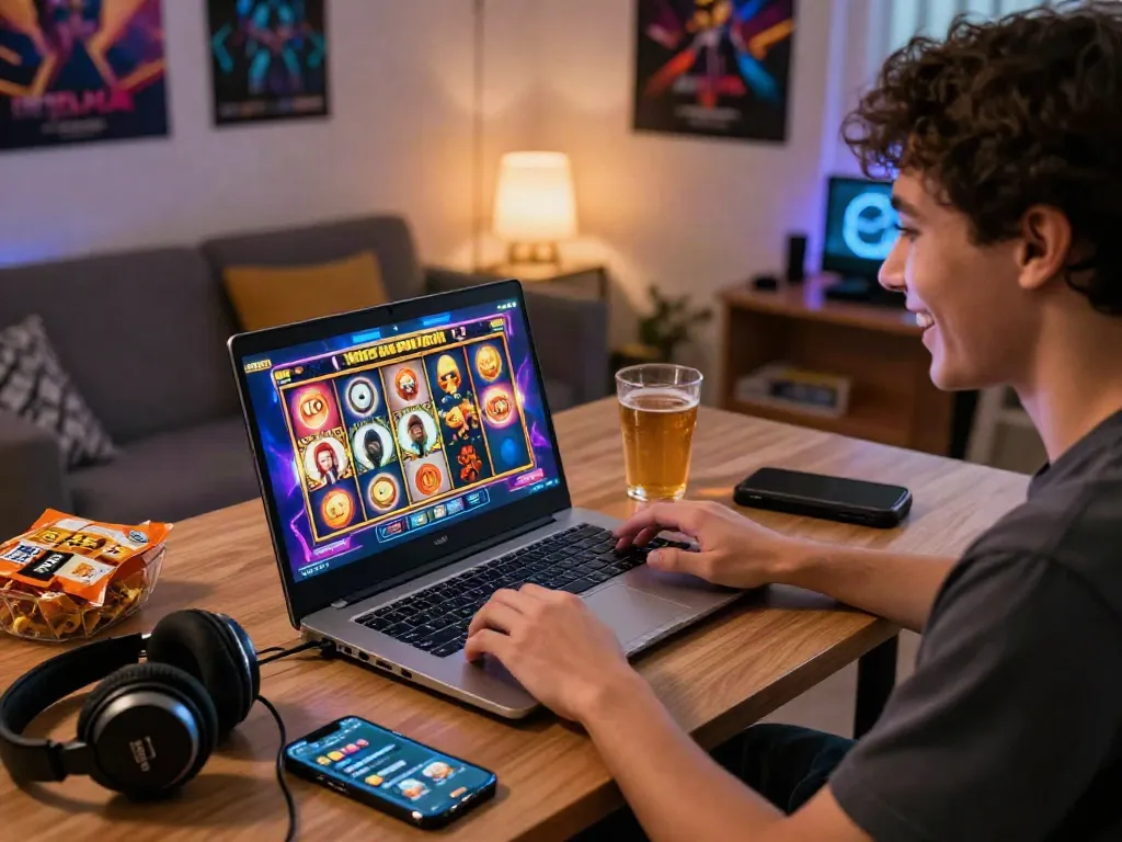 Engaged player enjoying situs gacor slot games on a laptop in a cozy gaming environment.