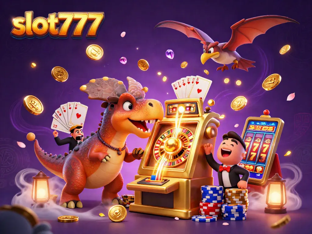 Experience thrilling wins at slot777 with a vibrant cartoon scene of dinosaurs in a casino.