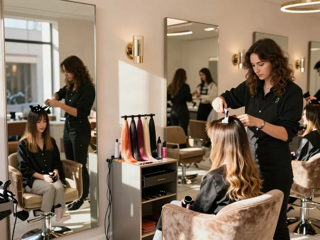 Tape extensions for thin hair being applied in a chic salon environment