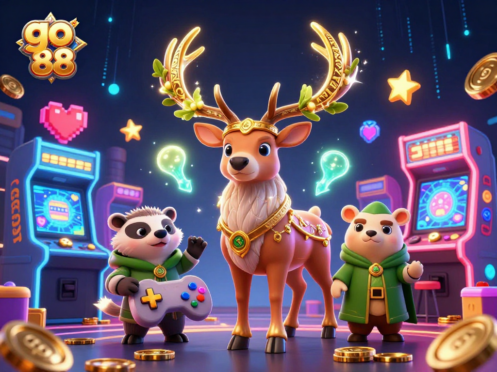 Experience the magic of go 88 with a vibrant 3D casino scene featuring mystical characters and game elements.