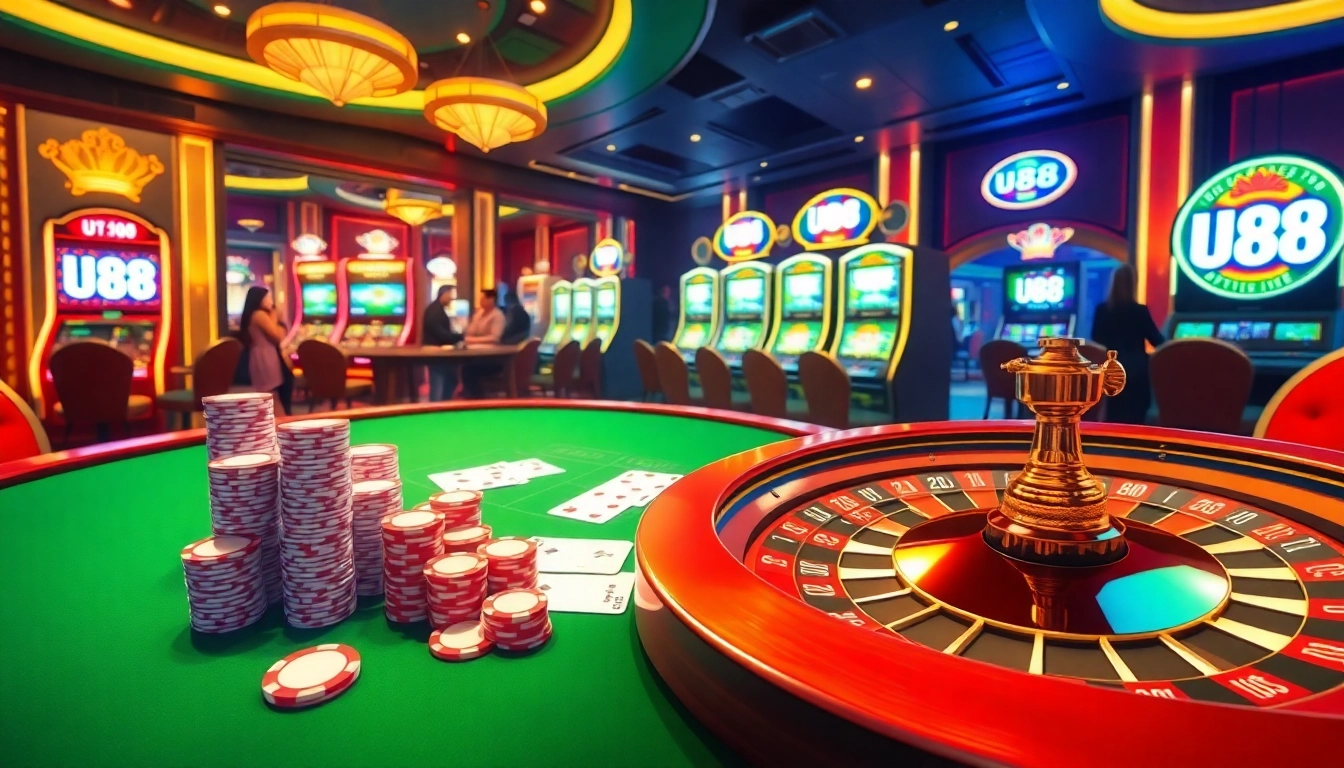 Players enjoying U88-themed casino games surrounded by vibrant poker chips and lively slot machines.