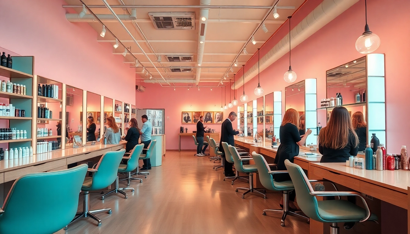 Bästa frisör in a modern salon interior featuring professional stylists and trendy hairstyles.