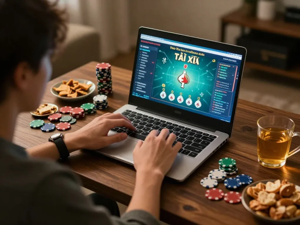 Engaging in Tài Xỉu gameplay on taixiuonline.za.com, a player strategically analyzing bets and chips.