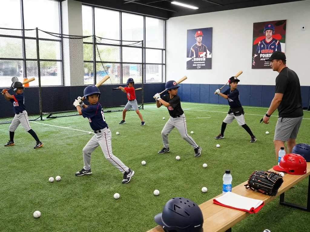 Hitclub baseball training session with young athletes practicing drills and an instructor coaching.