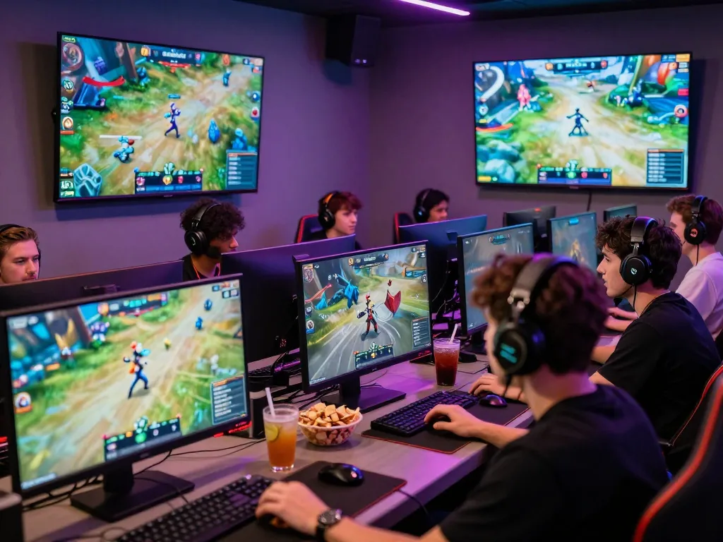 Engaged players at a vibrant online gaming lounge showcasing sun win activities and excitement