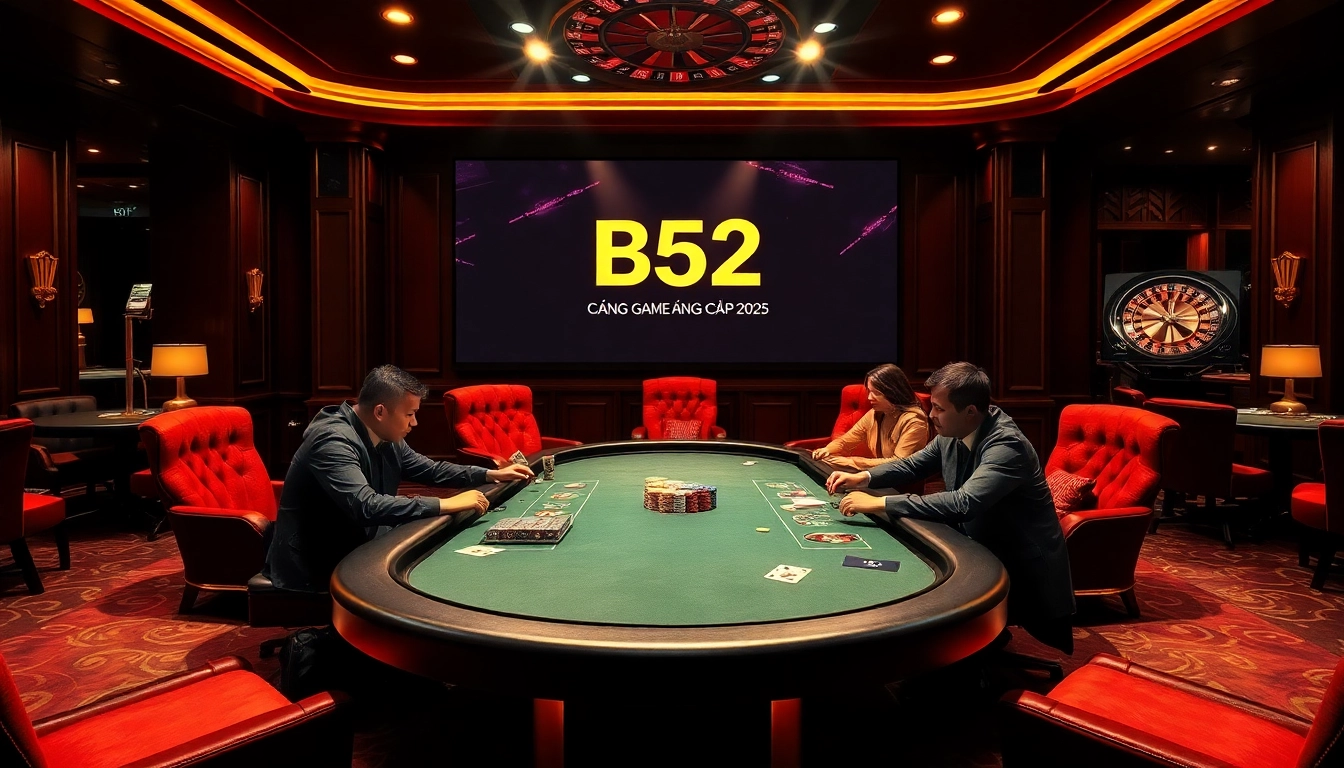 Players enjoying a thrilling poker game at a luxurious casino, inspired by https://b52pm.com/.