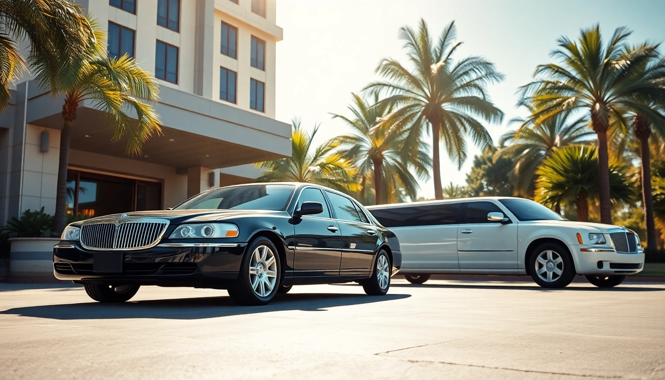 Hollywood Town Car and Limousine showcasing luxury vehicles at a high-end hotel in Los Angeles.