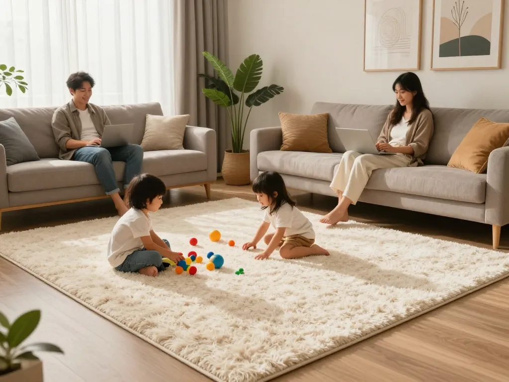 Residential carpet installation in a cozy living room, family enjoying their new plush carpet.