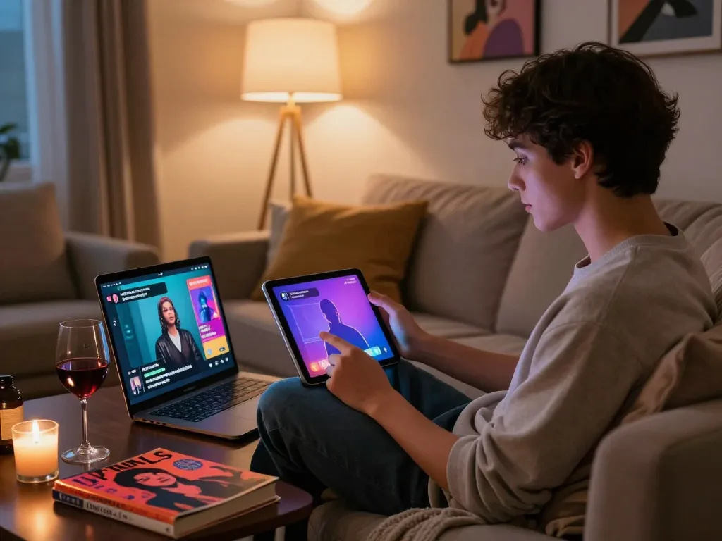 Engaging porn chat AI interaction in a cozy living room setting, illustrating modern adult entertainment.