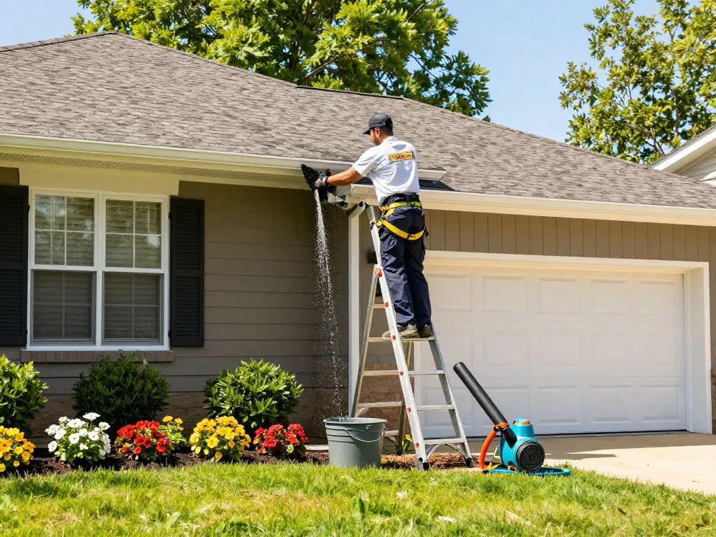 Gutter cleaning Atlanta professional removing debris from residential gutters on sunny day.
