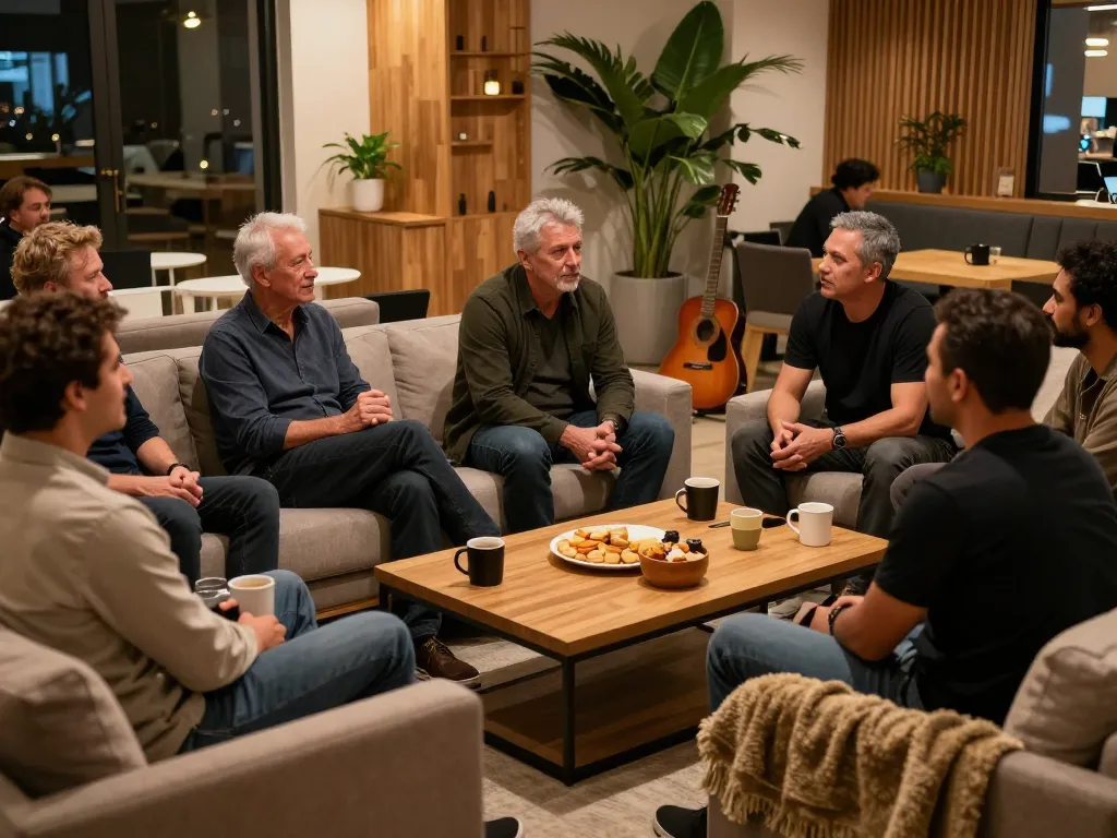 Men engaging in supportive conversations at a man club gathering with friendly atmosphere.