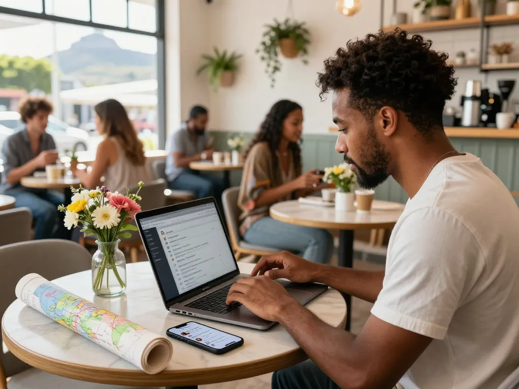 Airbnb management Cape Town scene with local host reviewing bookings in a vibrant coffee shop.