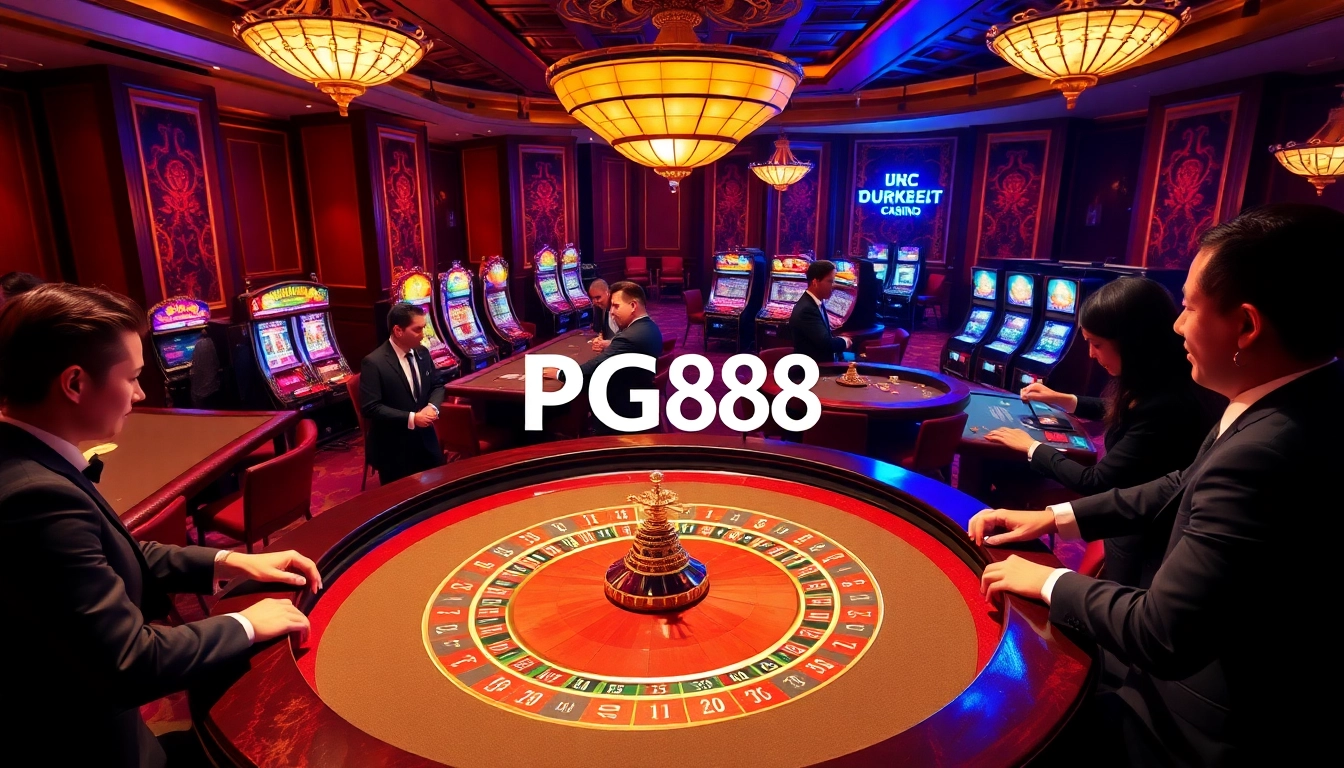 Experience excitement at PG88 with vibrant slot machines and players at a luxurious casino table.