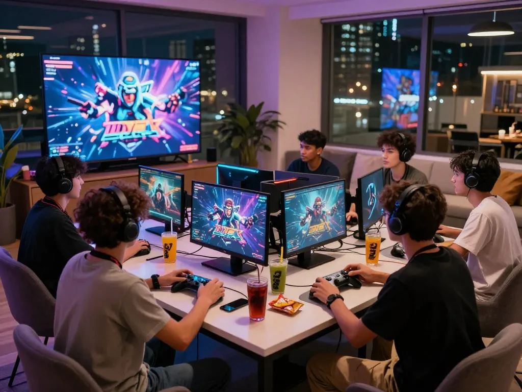 Dynamic urban gaming scene featuring sun win enthusiasts competing in a lively lounge atmosphere.
