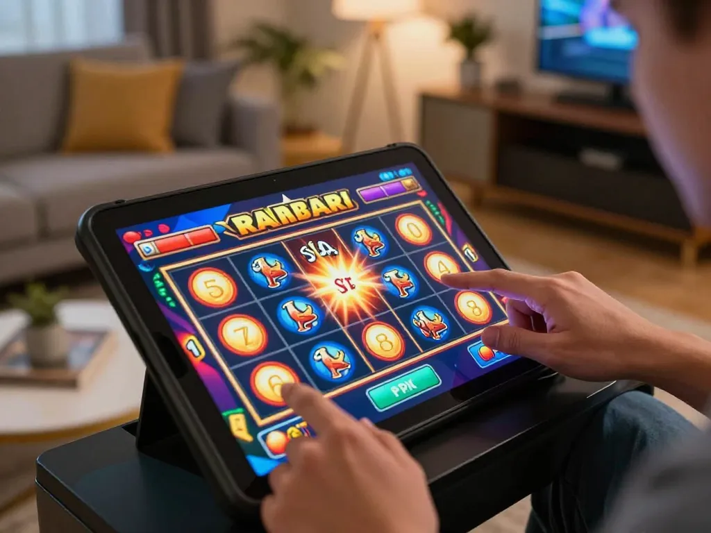 Engaging online casino gameplay at the man club as players spin a slot machine on a tablet.