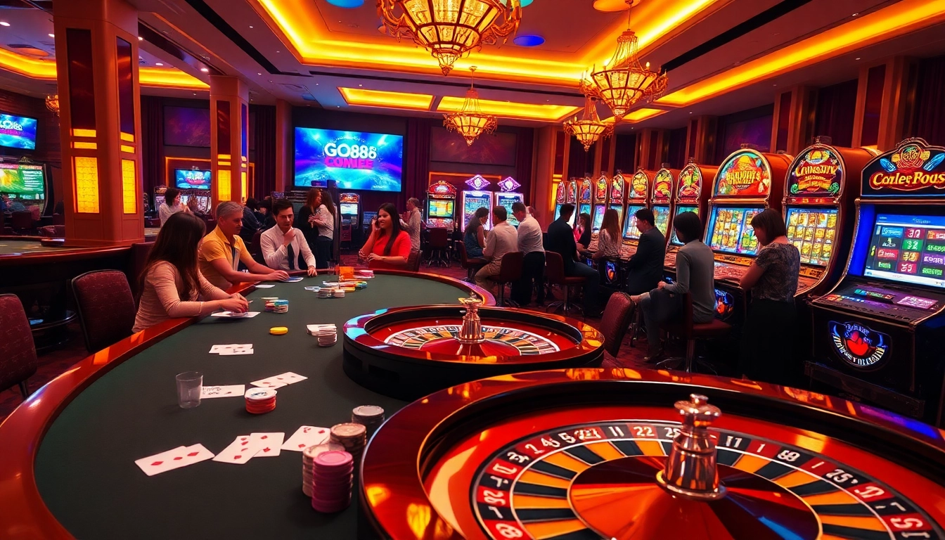GO88 online gambling interface featuring a vibrant casino scene with poker, roulette, and slot machines.