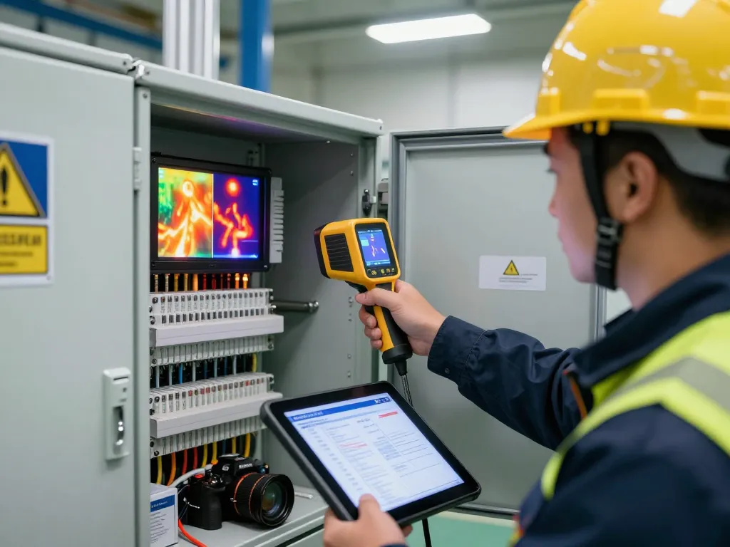 What is a thermal camera used for in industrial inspections, technician analyzing equipment with HANMATEK® Ti240 capturing thermal images of electrical panels.