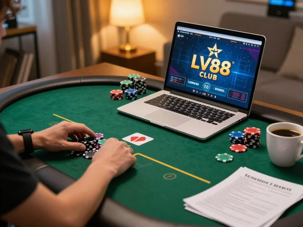 Engaging player enjoying LV88 club poker game on a laptop in a cozy home setting.