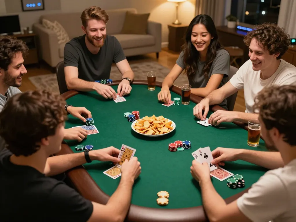 Malam poker SBOBET di rumah bersama teman-teman menikmati permainan kompetitif dan makanan ringan