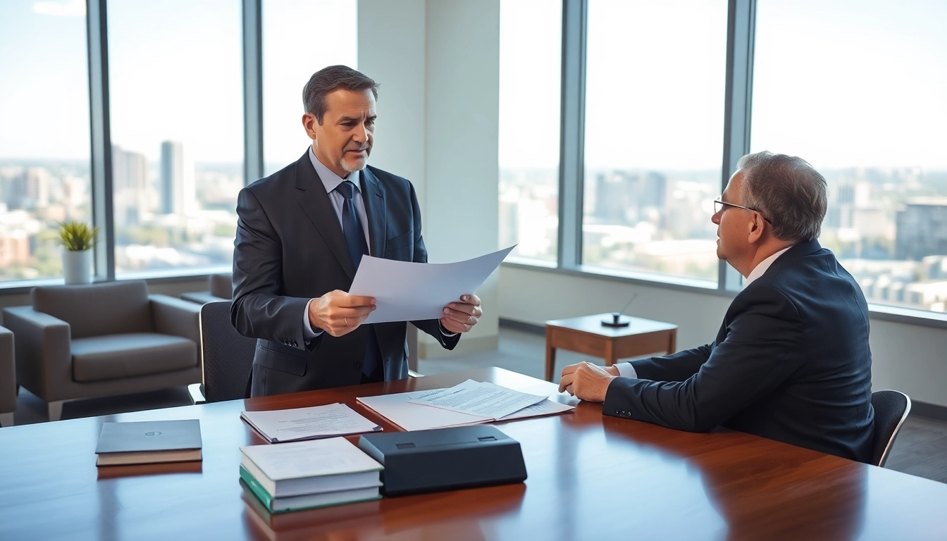 Clearwater truck accident lawyer advising a client in an office with legal documents on the desk.