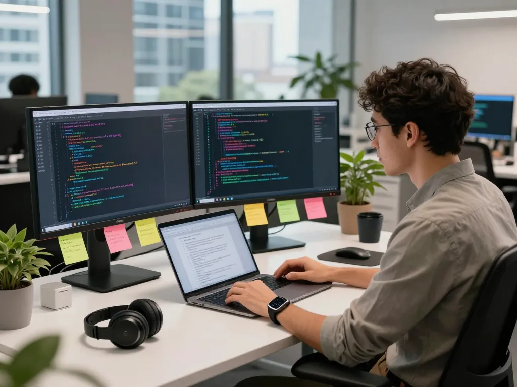 Workspace showcasing a zero knowledge proof guide with a developer coding complex algorithms amidst a modern tech environment.