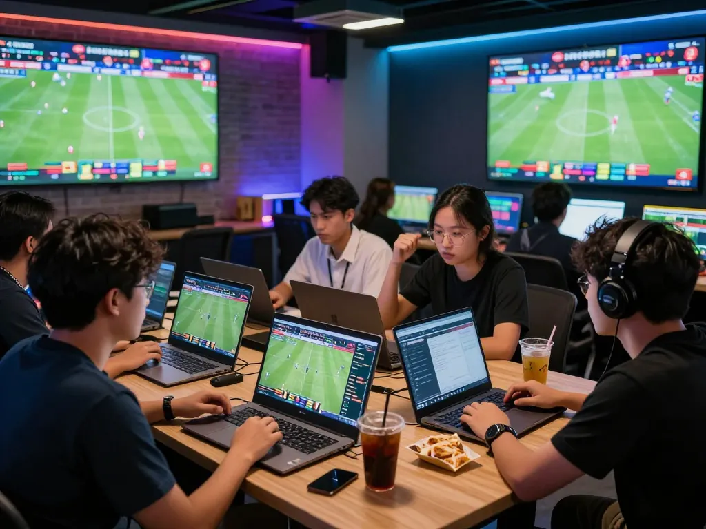 Engaging scene of enthusiastic bettors discussing judi bola strategy at a lively sportsbook.