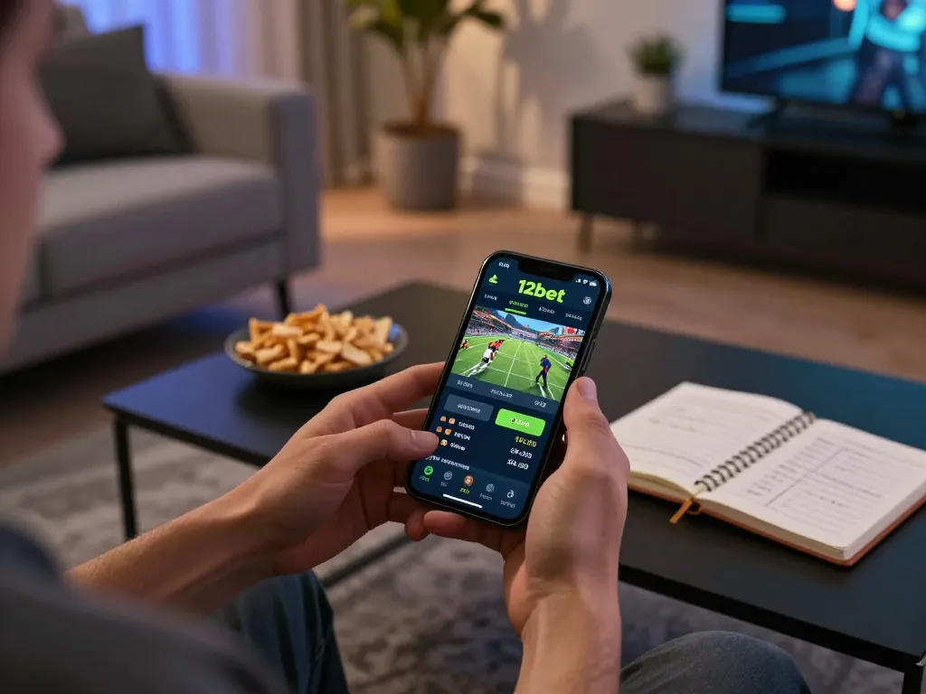 Khoảnh khắc thú vị của một người chơi sử dụng ứng dụng 12bet để cá cược di động trong một phòng khách ấm cúng.