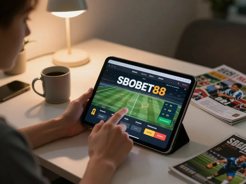 Pengguna SBOBET88 menempatkan taruhan olahraga secara online di setting kantor rumah yang nyaman, menyoroti permainan yang menarik.