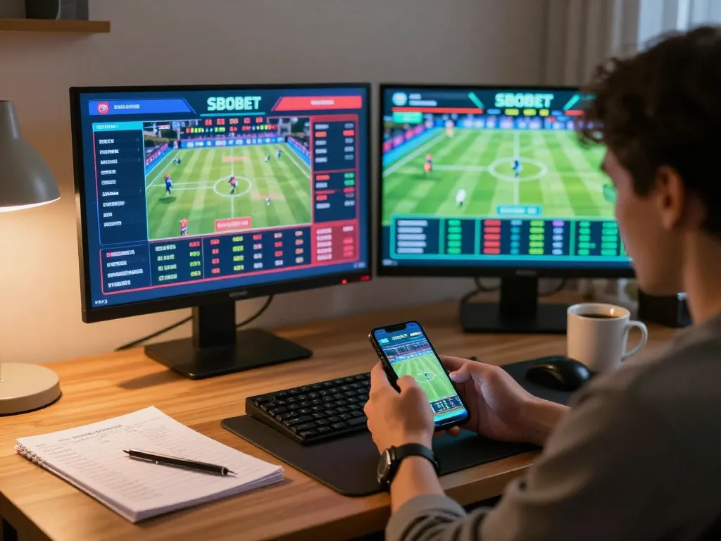 Pemain SBOBET terlibat dalam taruhan olahraga langsung di smartphone dengan grafik yang menarik di kantor rumah yang mengundang.