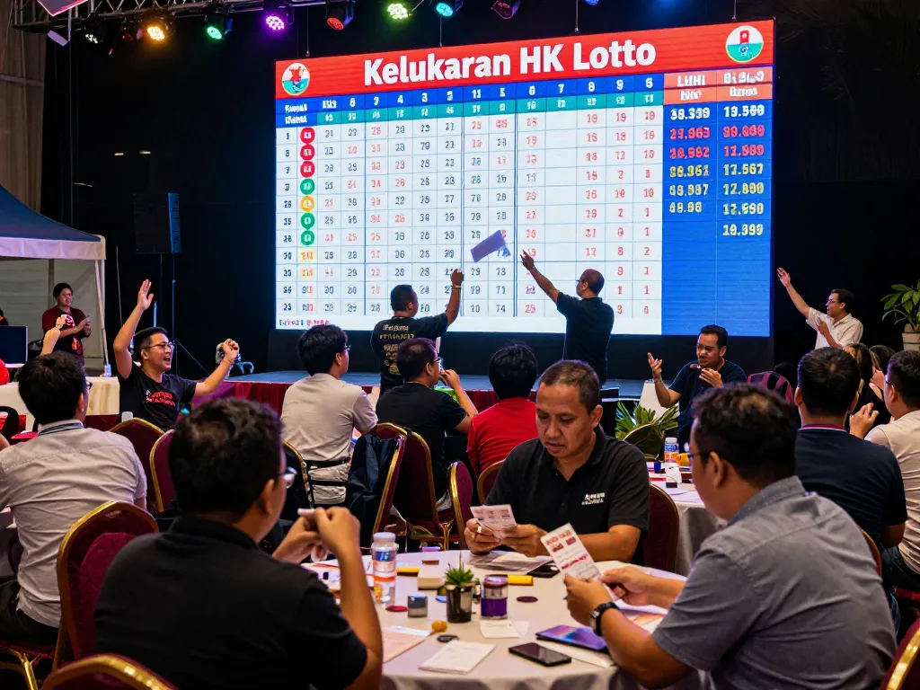 Acara undian langsung Keluaran HK Lotto dengan pemain yang bersemangat dan suasana meriah di malam hari.