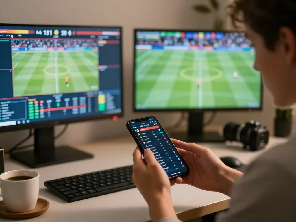 Soi keo nha cai as a person reviews sports betting odds on their smartphone in a cozy home office.