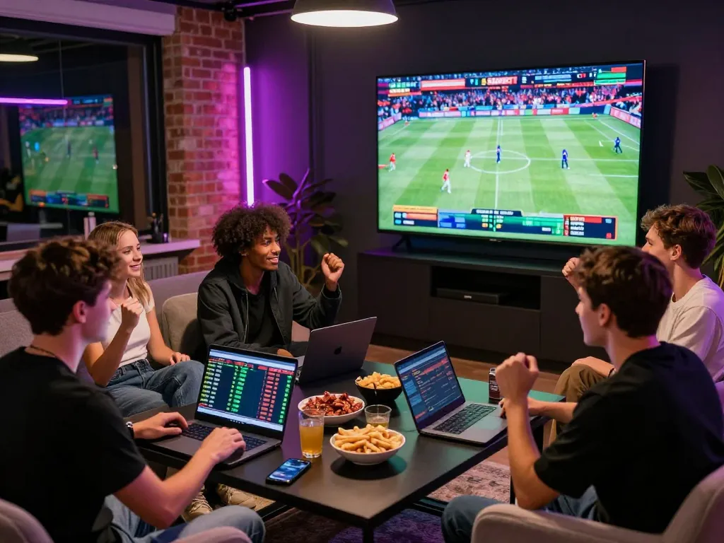 Friends enjoying sports betting on SBOBET in a vibrant gaming setup.
