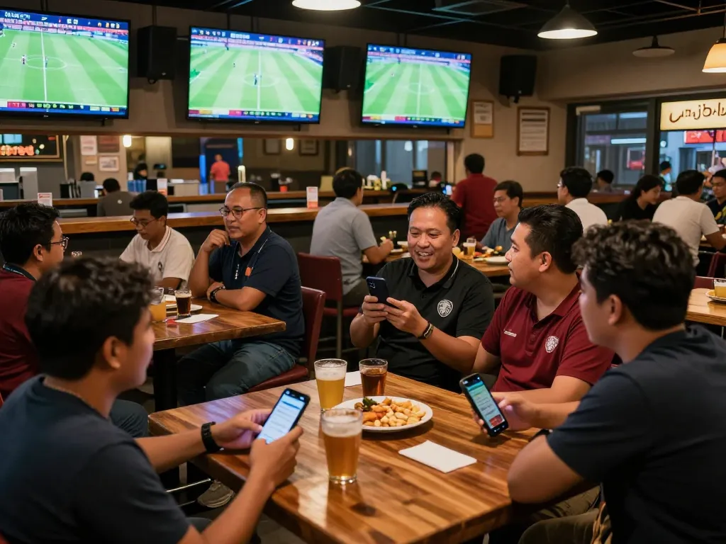 Berpartisipasi dalam taruhan Judi Bola di bar olahraga yang ramai, pengunjung yang antusias mendiskusikan pertandingan dan memasang taruhan.
