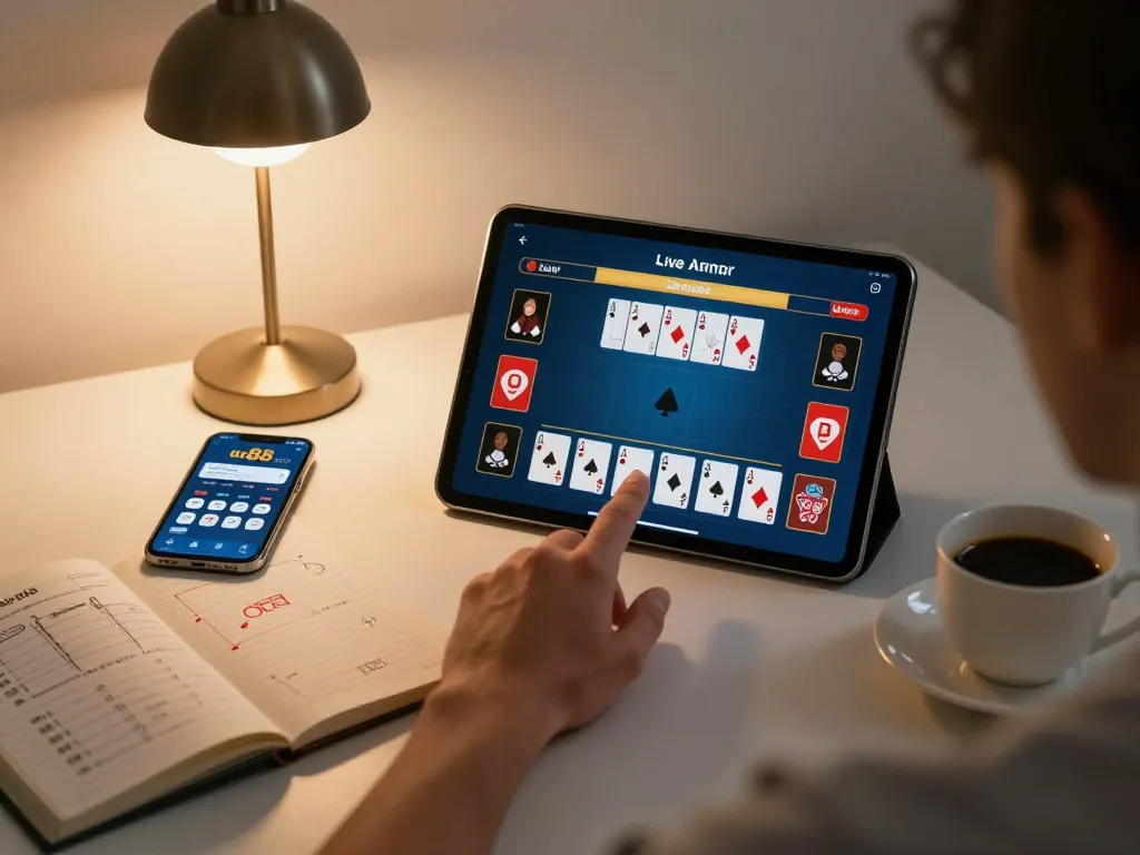 uu88 player strategically places bets during an intense live blackjack session at home