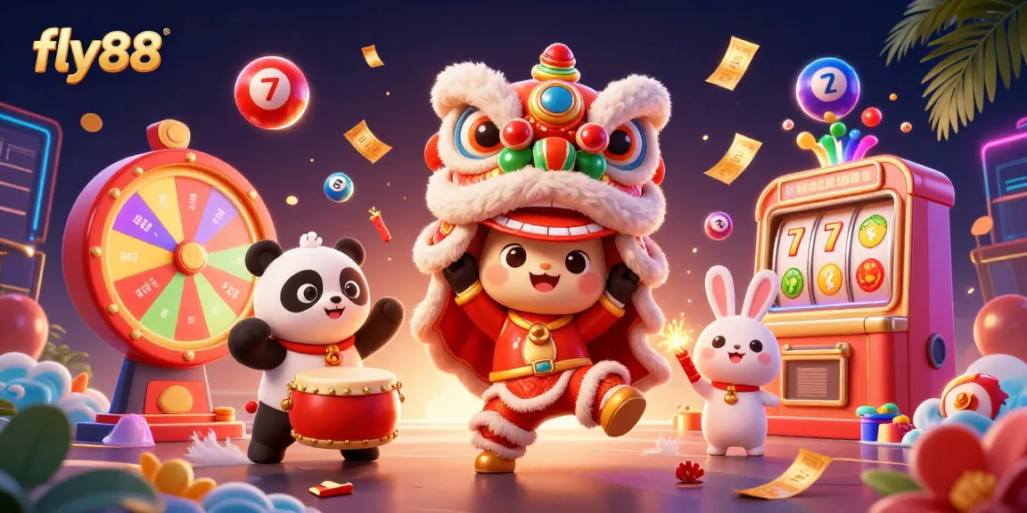 Engage with fly88's vibrant gaming world, featuring a lion dance and lucky gambling symbols.