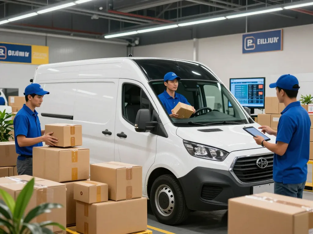 Same day couriers preparing for delivery in a dynamic logistics hub, showcasing clean vehicles and organized packages.