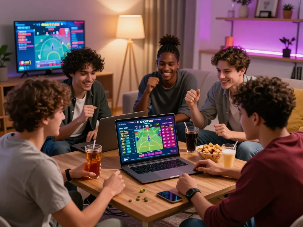 Friends enjoying sports betting on OKFUN platform in lively living room.