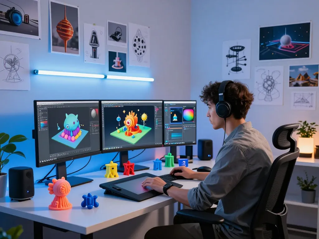 Creative workspace with a 3D Model generator in action, vibrant screens showcasing intricate designs.