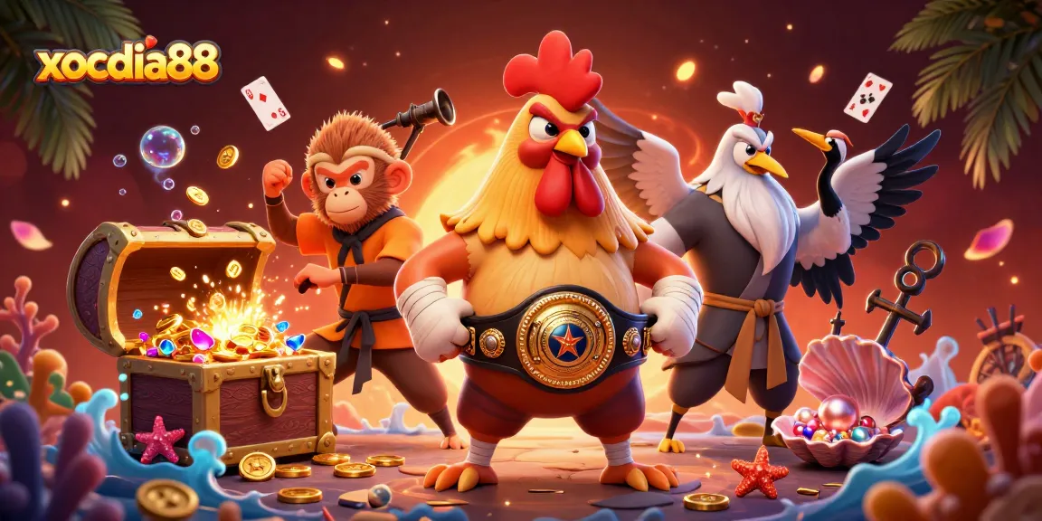 Experience exciting action at xocdia88 with a dynamic illustration of a fierce Muay Thai rooster, a skilled Shaolin monkey, and a wise crane master.