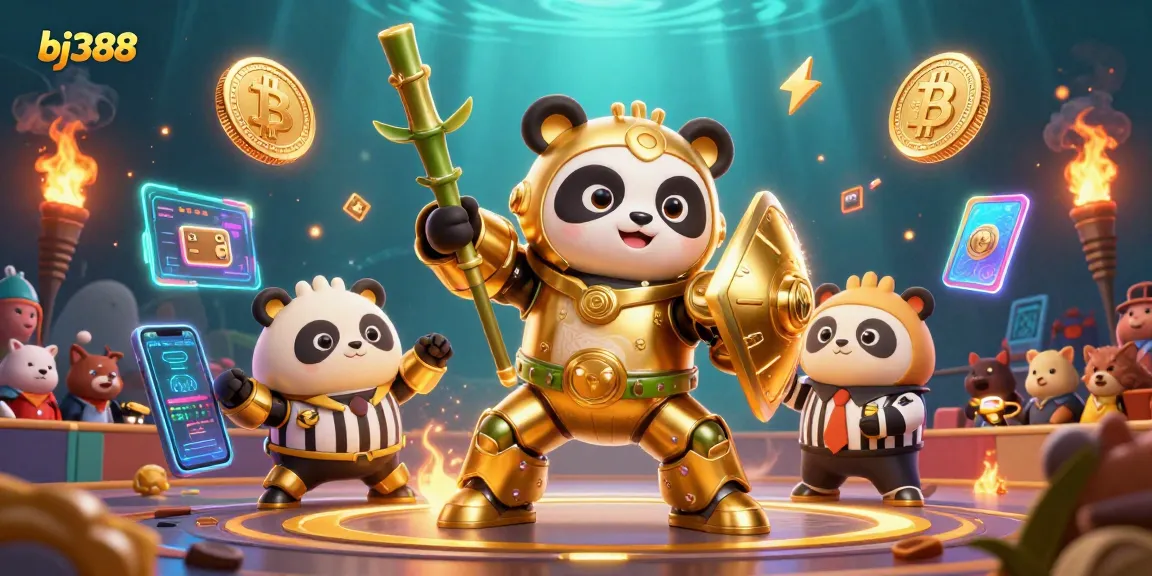 BJ388 showcases a vibrant 3D casino scene with a golden panda and futuristic elements, highlighting exciting gambling activities.