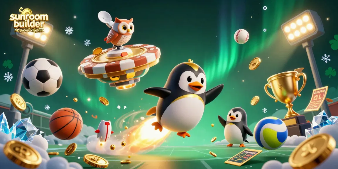 Experience the excitement with sunroom builder richmond virginia at the casino-themed illustration featuring golden penguins and sports elements.