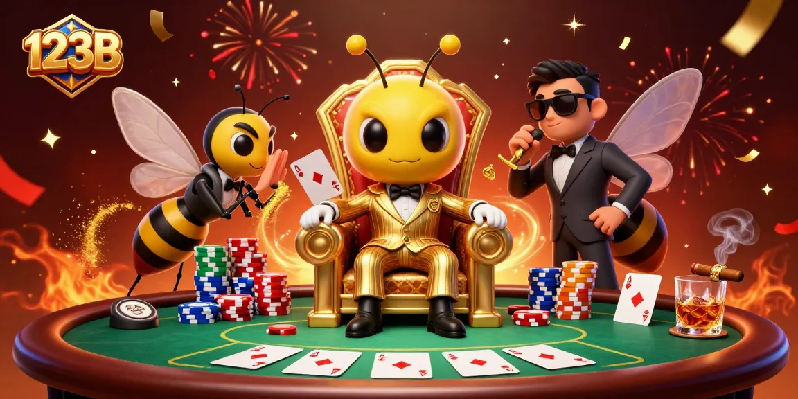 Experience high-stakes gaming and rewards at 123B Casino with a vibrant 3D illustration of card games and vibrant characters.