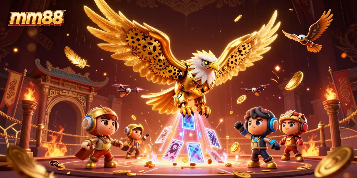 Experience thrilling gameplay at mm88 with our captivating visual of a golden eagle soaring through holographic cards in a dynamic arena.